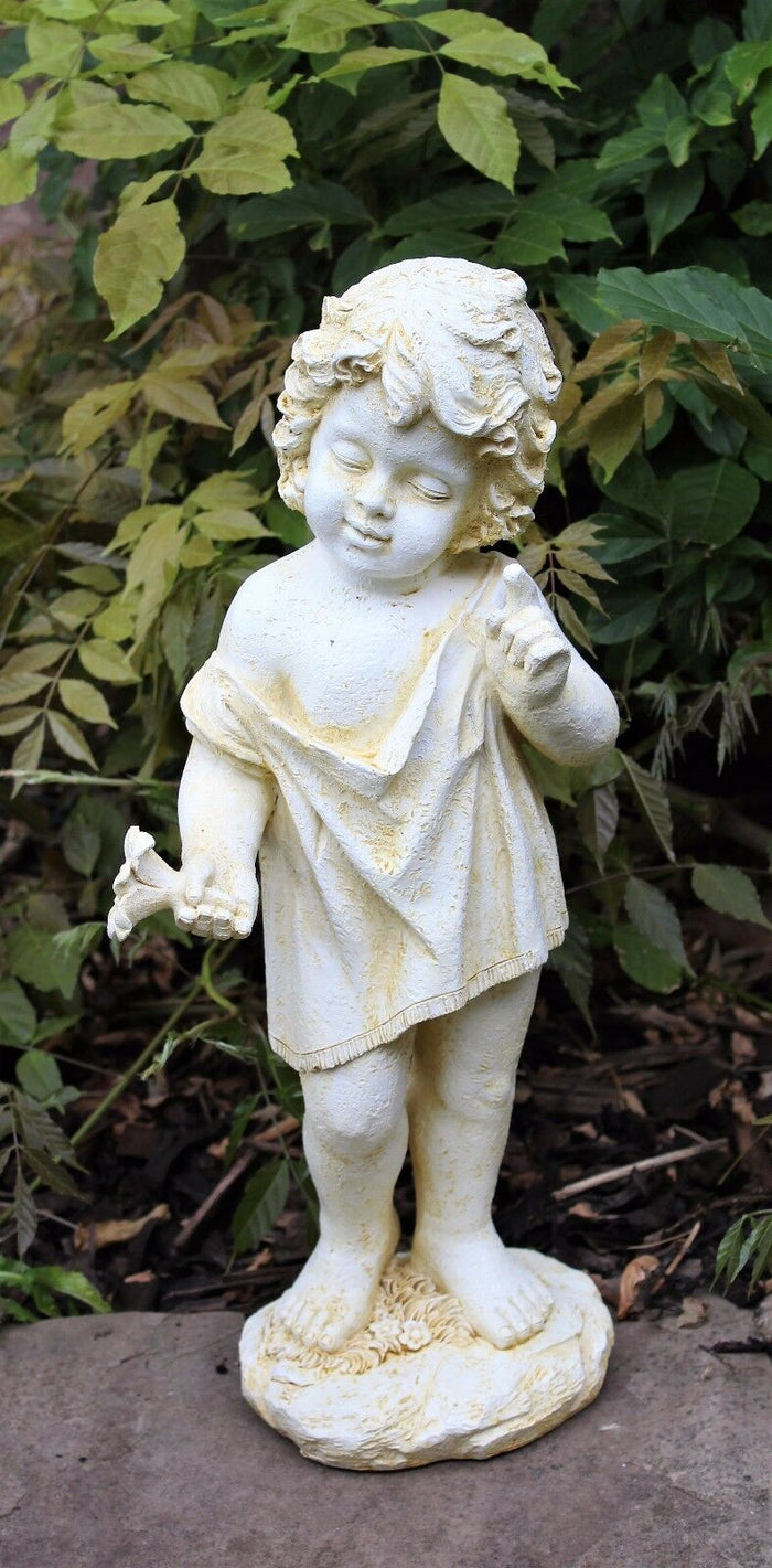 Little Boy Garden Cherub Ornament Figure finished in antique white