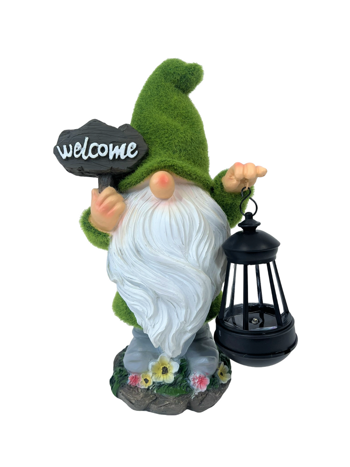 Solar Flocked Grass Gnome Welcome Sign