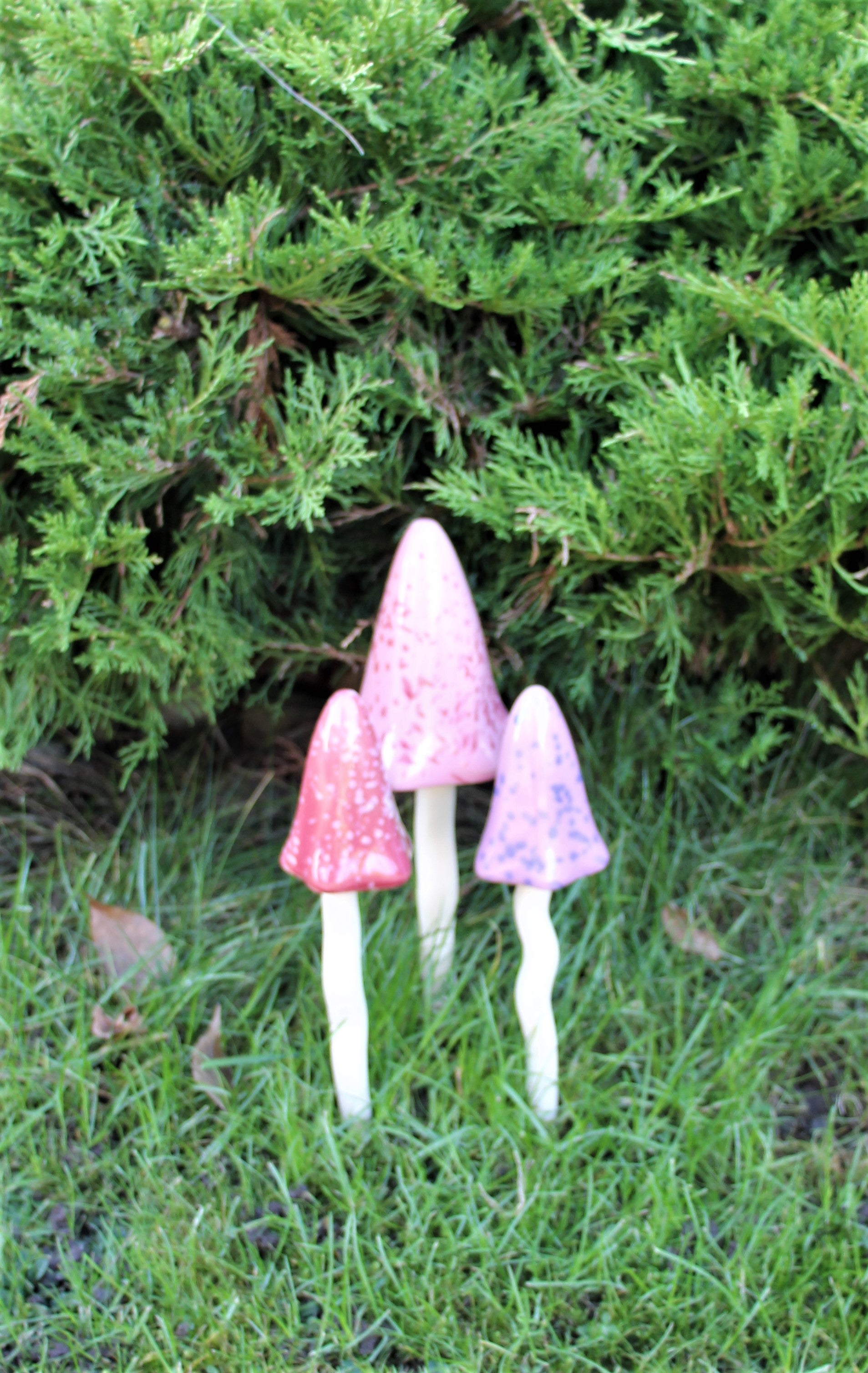 A Set of 3 Chiming Ceramic Toadstools - Pink, Purple & Red